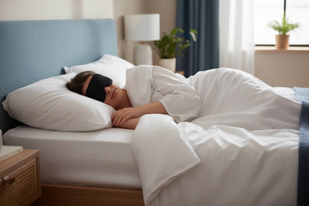 Persoon die vredig slaapt met Merciva DeepRest slaapmasker